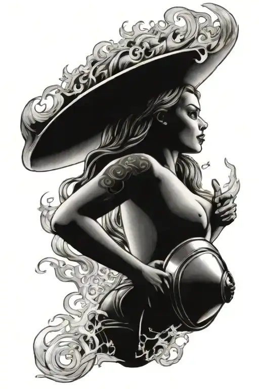 A sexy goddess holding a firefighter's helmet surrounded by flames tattoo design idea