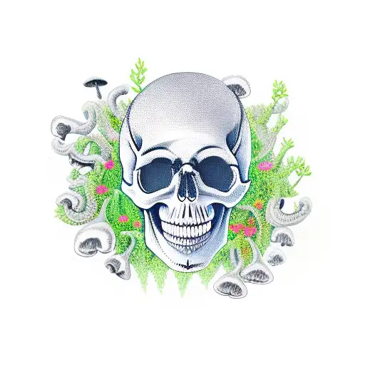 skull overgrown with mushrooms tattoo design idea