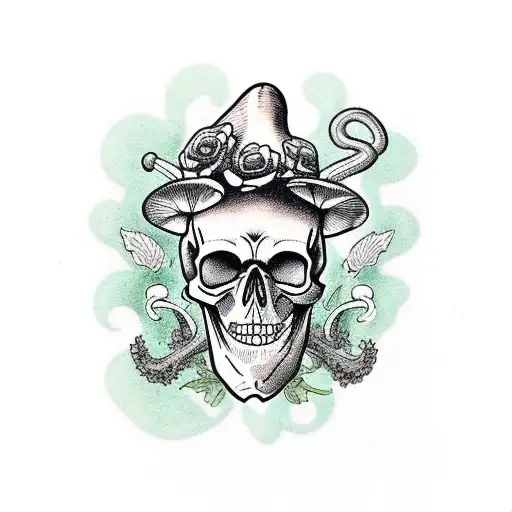 skull overgrown with mushrooms tattoo design idea