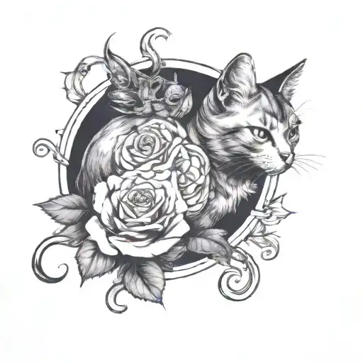 a cat and roses with moon phases tattoo design idea