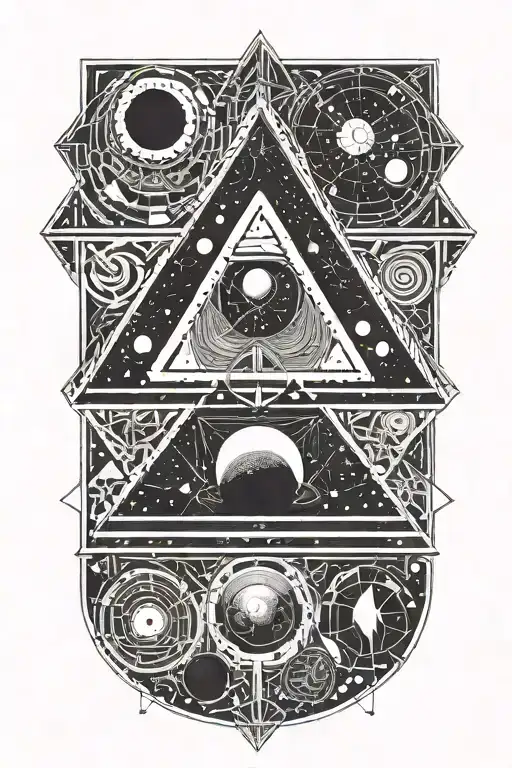 Planets and nebuals trapped within a single triangle. Eyes a dotted in and around the triangle tattoo design idea