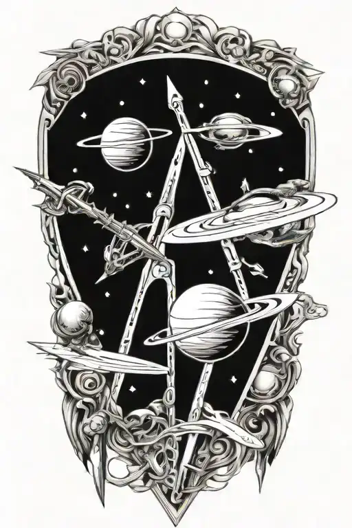 Planets orbiting a sword within a single triangle shape tattoo design idea