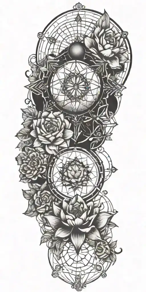 planets surrounded by triangles trapped inside a blooming lotus flower tattoo design idea