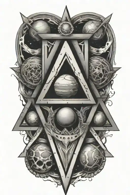 Planets orbiting a sword within a single triangle shape tattoo design idea