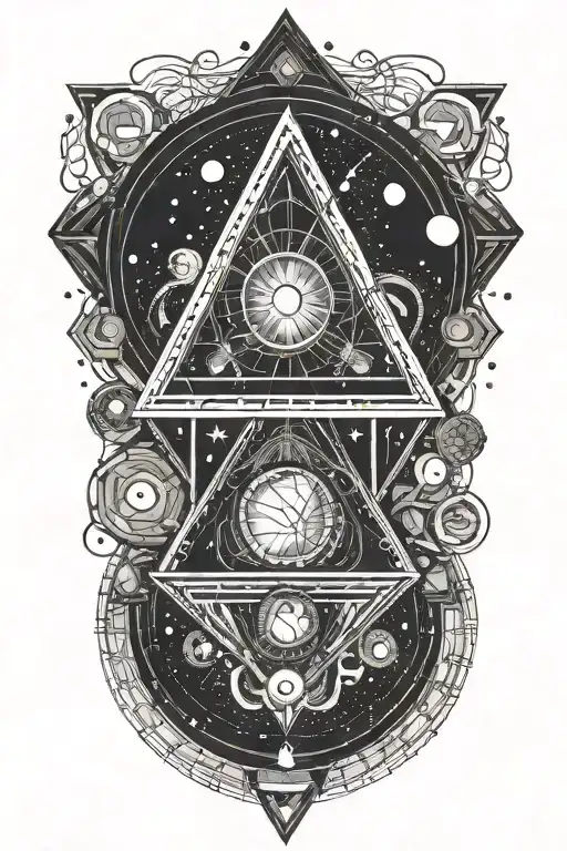 Planets and nebuals trapped within a single triangle. Eyes a dotted in and around the triangle tattoo design idea