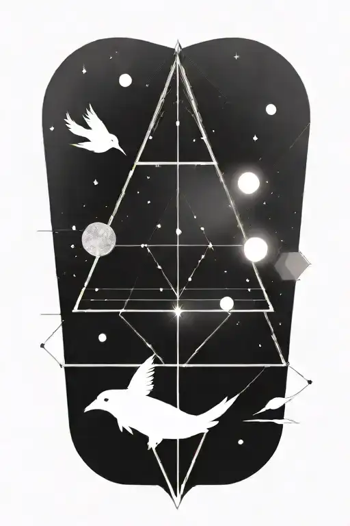 Planets and nebuals trapped within a single triangle. Birds are flying out of the triangle in random locations tattoo design idea