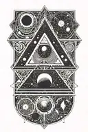 Planets and nebuals trapped within a single triangle. Eyes a dotted in and around the triangle tattoo design idea