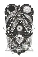 Planets and nebuals trapped within a single triangle. Eyes a dotted in and around the triangle tattoo design idea
