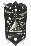 Planets and nebuals trapped within a single triangle. Birds are flying out of the triangle in random locations tattoo design idea