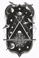 Planets and nebuals trapped within a single triangle. Birds are flying out of the triangle in random locations tattoo design idea