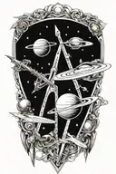 Planets orbiting a sword within a single triangle shape tattoo design idea