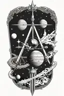 Planets orbiting a sword within a single triangle shape tattoo design idea