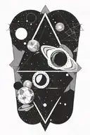 Planets and nebuals trapped within a single triangle. Eyes a dotted in and around the triangle tattoo design idea