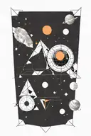 Planets and nebuals trapped within a single triangle. Eyes a dotted in and around the triangle tattoo design idea