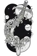 Sword wrapped in planets tattoo design idea