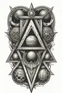 Planets orbiting a sword within a single triangle shape tattoo design idea