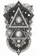 Planets and nebuals trapped within a single triangle. Eyes a dotted in and around the triangle tattoo design idea