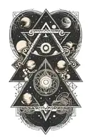 Planets and nebuals trapped within a single triangle. Eyes a dotted in and around the triangle tattoo design idea