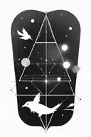 Planets and nebuals trapped within a single triangle. Birds are flying out of the triangle in random locations tattoo design idea