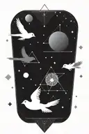 Planets and nebuals trapped within a single triangle. Birds are flying out of the triangle in random locations tattoo design idea