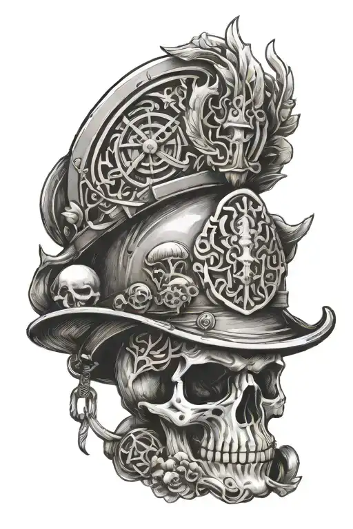 A firefighter's helmet adorned with mountain peaks and hunting motifs, all wrapped in a wreath of mushrooms tattoo design idea