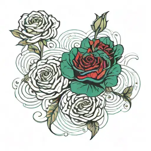 A vibrant green lake with red roses floating on the surface tattoo design idea