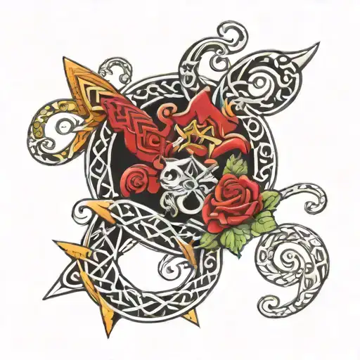 kids names intertwined Rhys, 05/03/2002 and Dylan 14/07/2007 plus star signs in celtic tattoo design idea