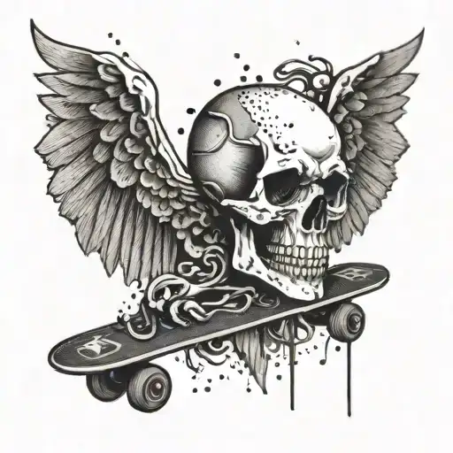 A skull with wings shredding on a skateboard ramp tattoo design idea