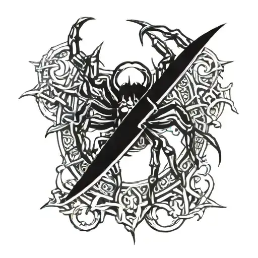 a knife entwined with a spider on with thr number 13 is a white backround tattoo design idea