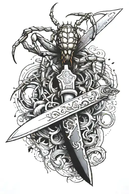 a knife on wich sits a spider with number 28 tattoo design idea