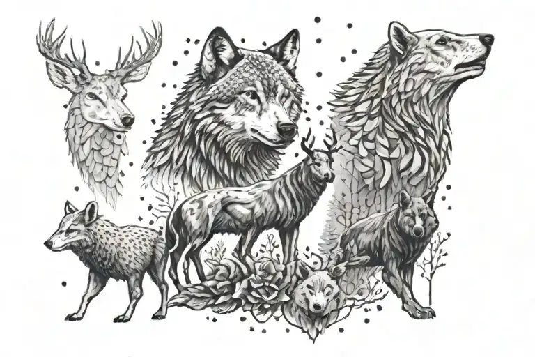 a wolf, a deer and a bear together tattoo design idea