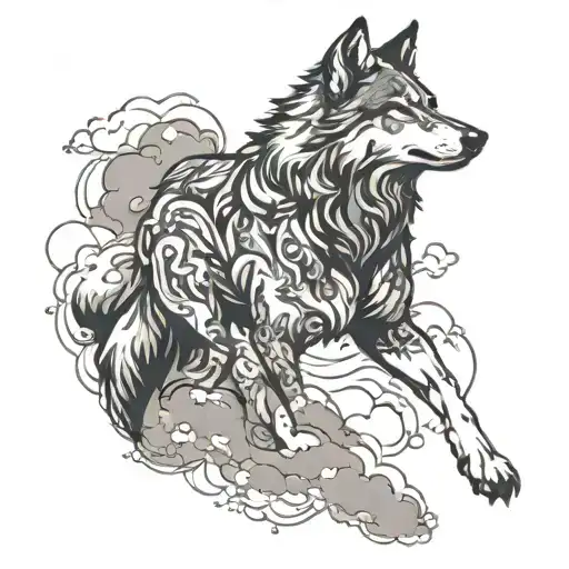 A wolf in a dynamic pose with clouds swirling around it, symbolizing strength and freedom tattoo design idea