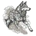A wolf in a dynamic pose with clouds swirling around it, symbolizing strength and freedom tattoo design idea