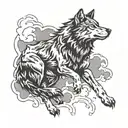 A wolf in a dynamic pose with clouds swirling around it, symbolizing strength and freedom tattoo design idea