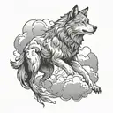 A wolf in a dynamic pose with clouds swirling around it, symbolizing strength and freedom tattoo design idea