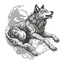 A wolf in a dynamic pose with clouds swirling around it, symbolizing strength and freedom tattoo design idea
