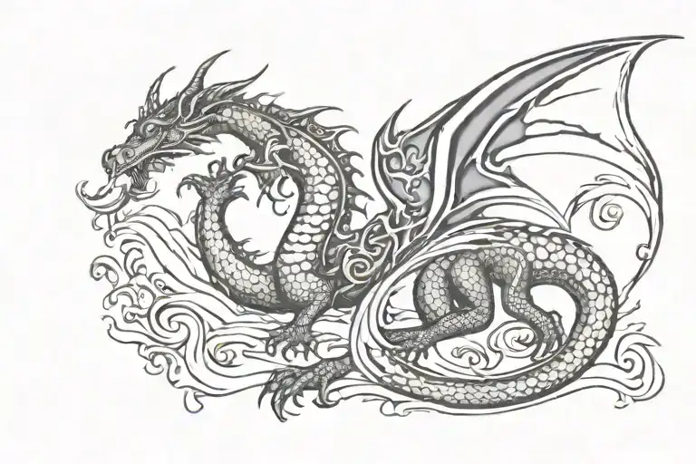 Black and white. Welsh dragon in centre. Ocean waves either side on horizontal. + initials LA & PT tattoo design idea
