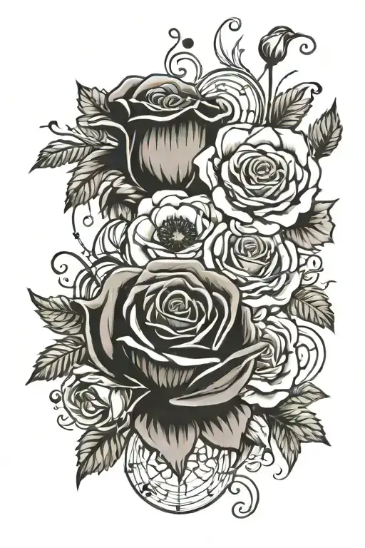 roses, poppy's, carnations, music notation, sleeve  tattoo design idea