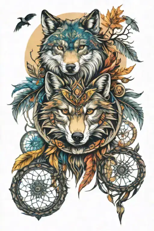 full sleeve colored tattoo featuring wolf,phoenix,crown,mandala,arrow,feather,dream catcher,roman numerals,maple leaf tattoo design idea