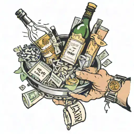 A hand wearing a watch, carrying a waiters tray full of Belvedere bottles, Moet chandon bottles, and lots of cash  tattoo design idea