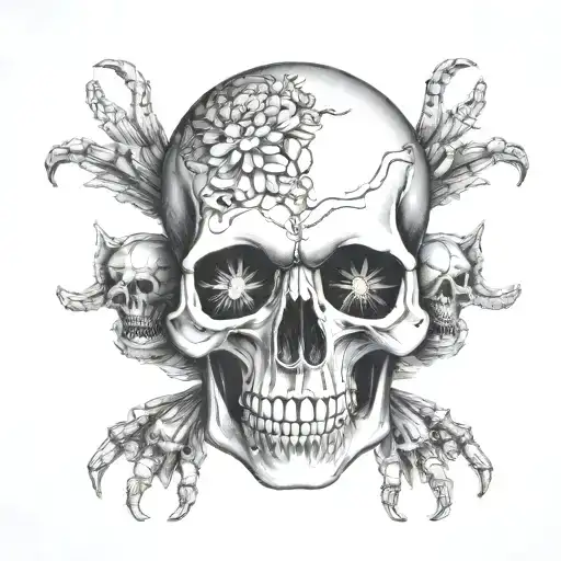 Skull, Skull with G59 on forehead, skull with hands in circles around the eyes, white skull, black eye holes, black back tattoo design idea