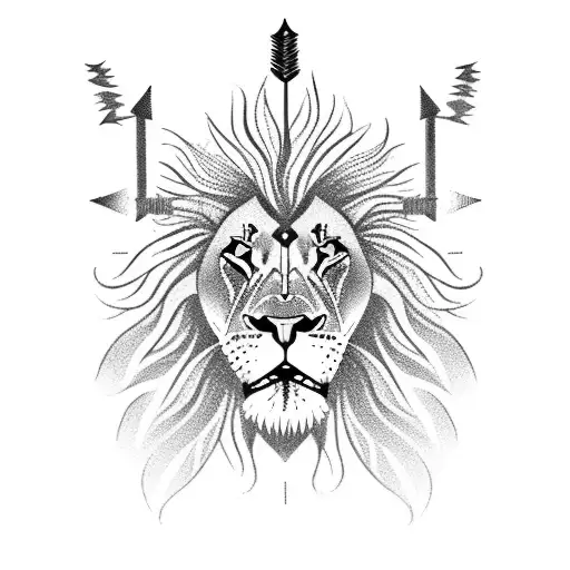 a lion with an arrow and 3 flowerrs tattoo design idea