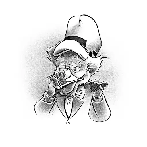 An intricate black and grey portrait of Uncle Scrooge smoking a joint while holding a pistol tattoo design idea
