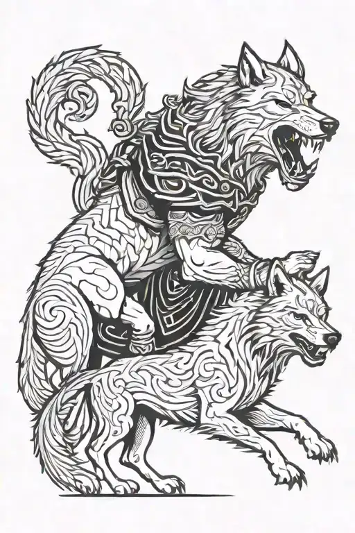 Norse god tyr and fenrir wolf tattoo design idea