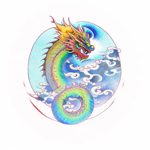 Dark rainbow dragon with the moon behind it. tattoo design idea