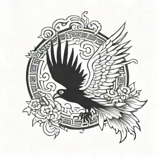 Design a tattoo featuring a traditional Chinese paper cutting design of a phoenix rising from ashes, symbolizing rebirth and renewal in the face of health struggles and adoption experiences tattoo design idea