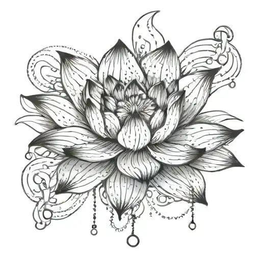 Create a tattoo of a lotus flower blooming from a broken chain, symbolizing resilience and growth in the face of adversity, with a touch of Chinese artistry tattoo design idea