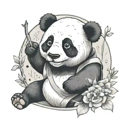 Create a tattoo of a Chinese ink wash painting of a panda holding a diabetes awareness ribbon, symbolizing the client's love for Chinese culture and dedication to raising awareness about diabetes tattoo design idea