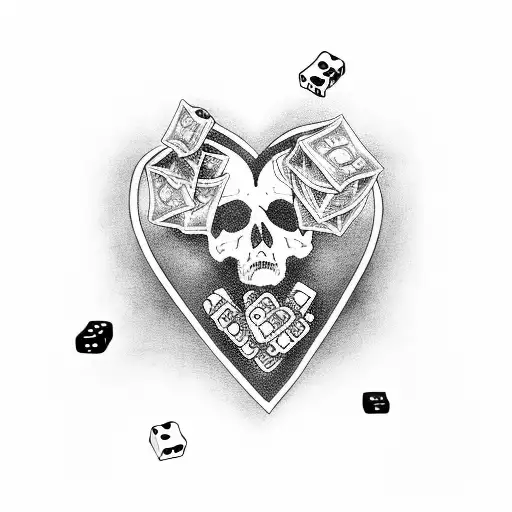 Death playing dice game with heart, money and tank tattoo design idea
