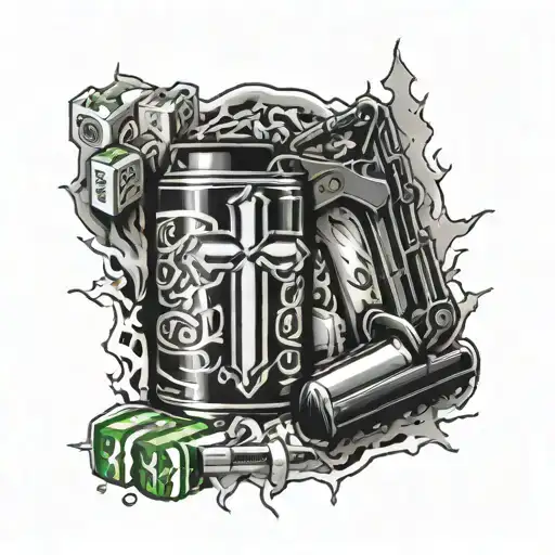 cross surrounded by mtn dew can, excavator, and pack or marlboro reds tattoo design idea